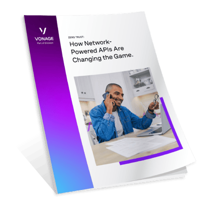 The image features the cover of the whitepaper on "How Network-Powered APIs Are Changing the Game" with a swoosh-like visual at the bottom of the cover page to indicate movement like turning the page of a book